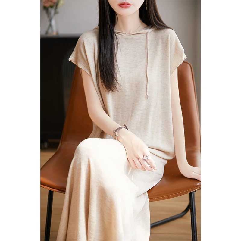 夏季新款精仿羊毛连衣裙女宽松显瘦短袖连帽套头薄款外搭长裙帽衫