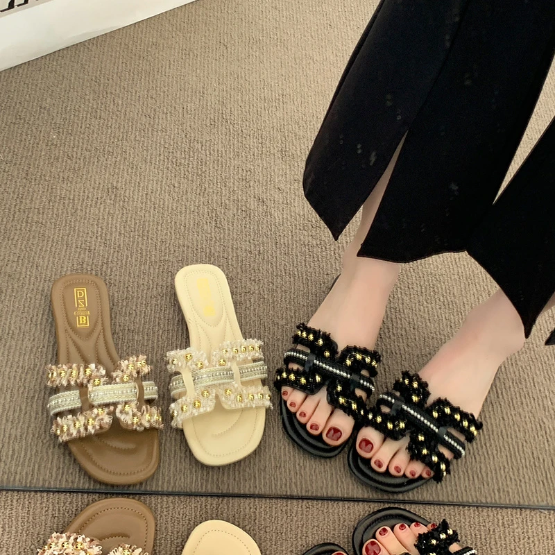 仙女风珍珠拖鞋女夏外穿软底爆款网红2025新款ins百搭平底凉拖鞋