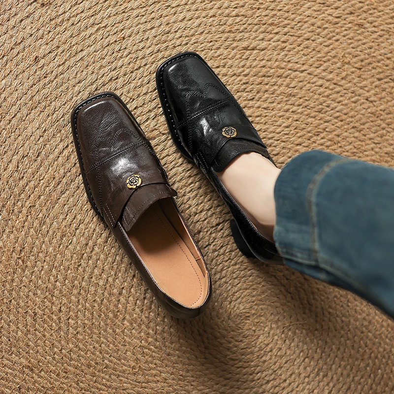 6CM，羊皮透气粗跟高跟鞋方头中跟秋季乐福鞋秋季女法式软底乐福鞋