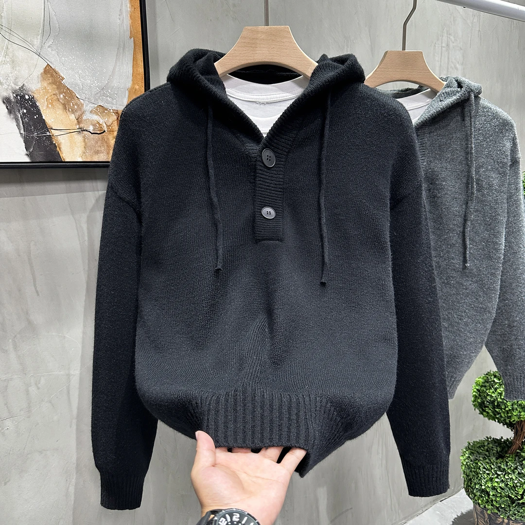 高街纯色连帽针织衫男款秋季美式cleanfit连帽卫衣高级感痞帅毛衣
