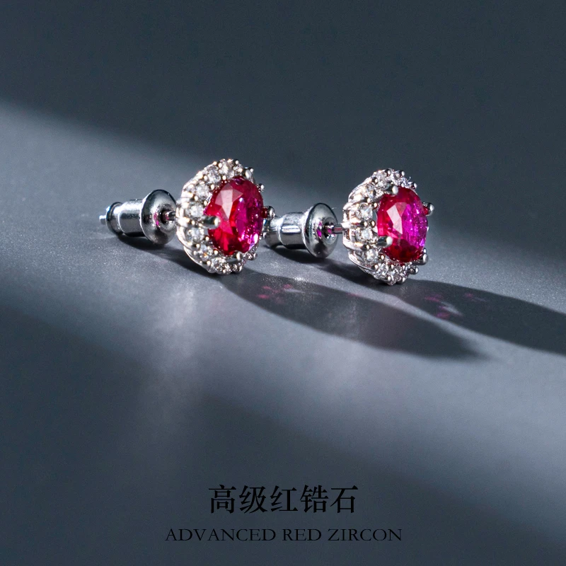 钛钢锆石耳饰 红色锆石时尚百搭耳钉 一对 MZD03-ZH04