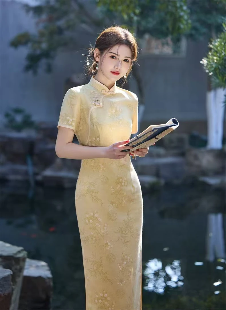 AS-旗袍【826浅黄】中长款夏季时尚显瘦简约气质修身印花连衣裙