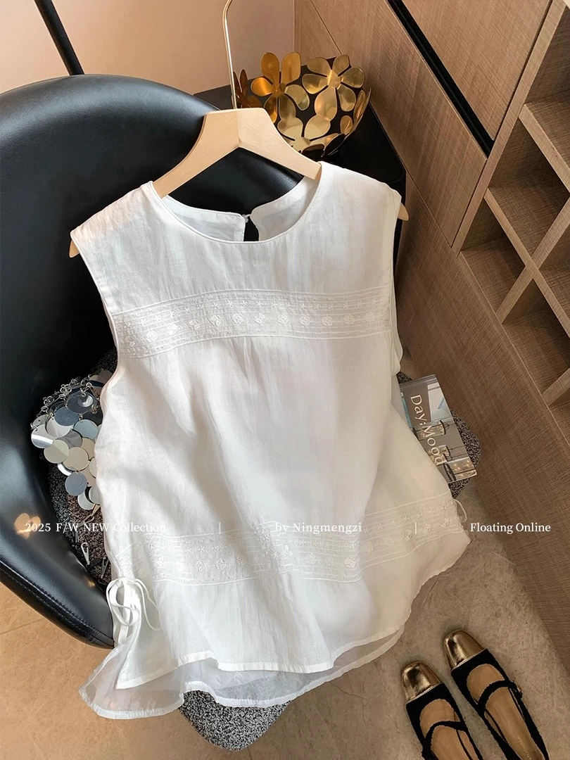 慵懒风文艺蕾丝刺绣亚麻无袖上衣女2025夏季新款松弛休闲显瘦背心