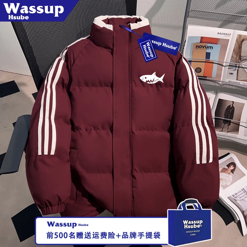 WASSUP HSUBE秋冬加厚防风外套三条杠酒红创意鲨鱼印花潮流男棉服