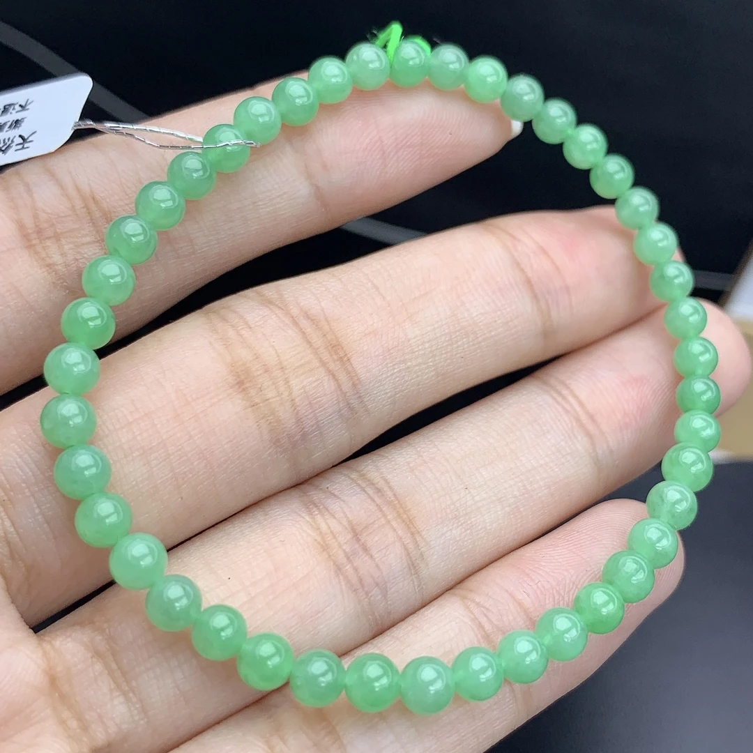 缅甸A货翡翠冰果绿色小米珠圆珠项链多圈长串T卡4.2mm