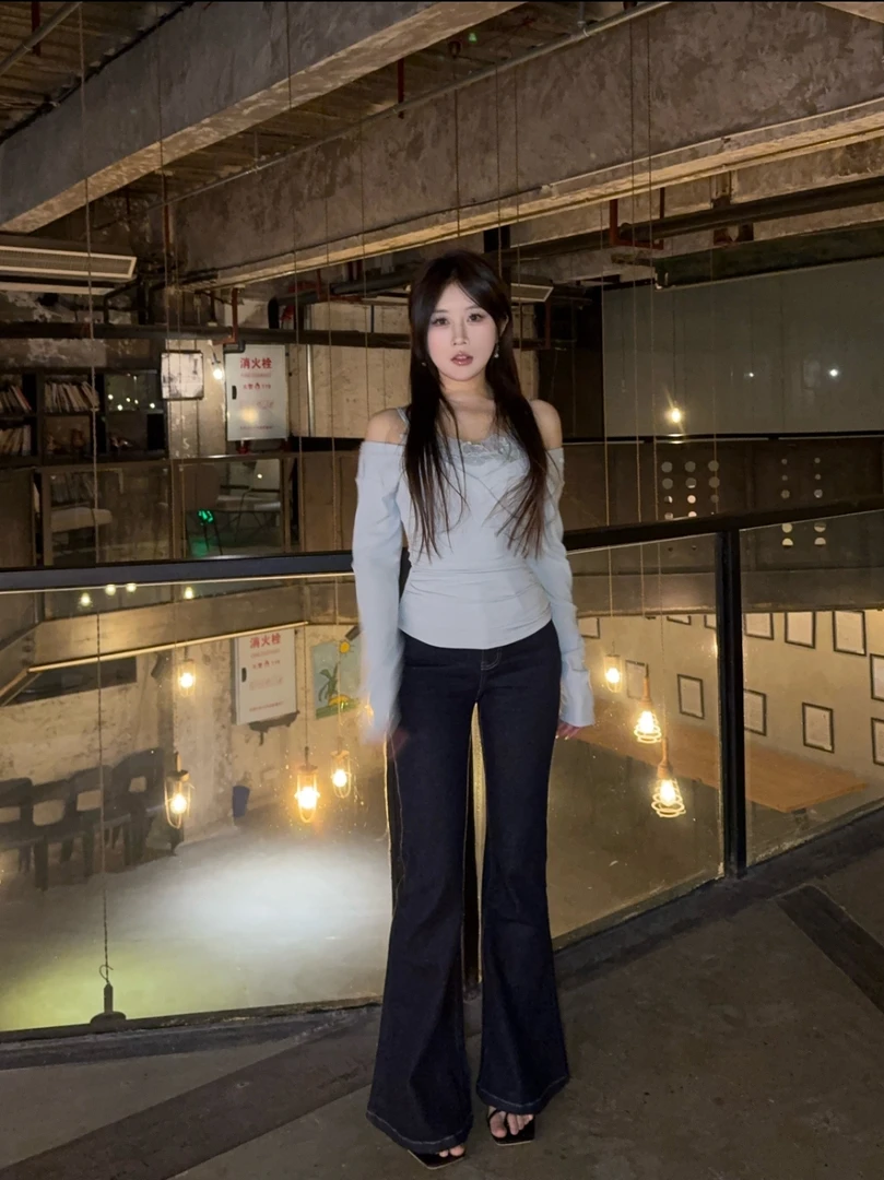 陈江铃小个子自制美式微喇牛仔裤慵懒显瘦拖地休闲喇叭裤
