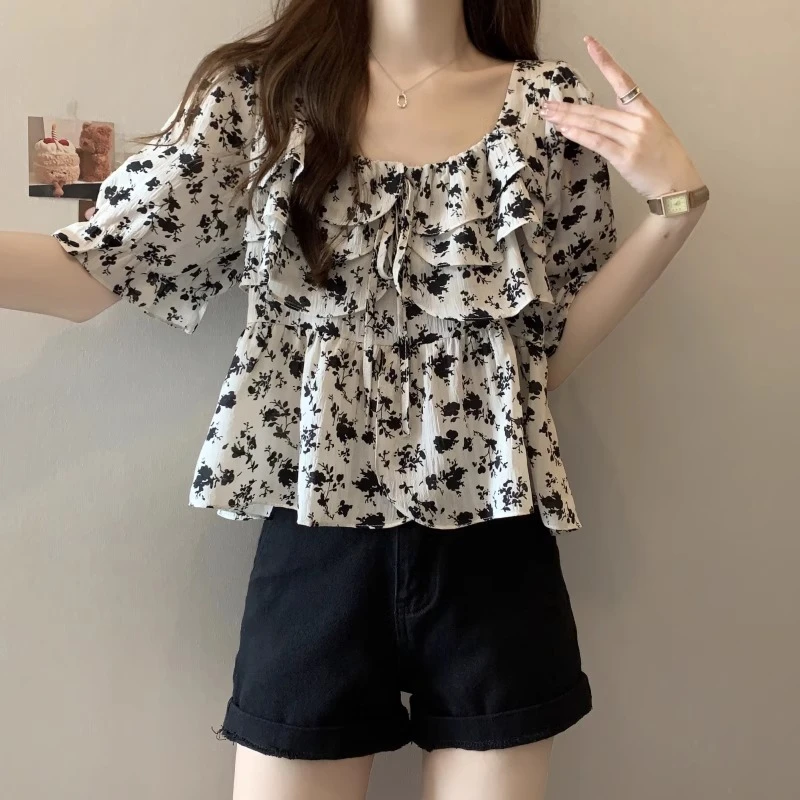 大码夏季法式小衫方领碎花衬衫女胖mm显瘦遮肚子独特别致雪纺上衣