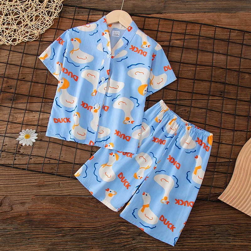 夏季儿童棉绸睡衣男孩中大童家居服短袖宝宝女童男童薄款亲子套装