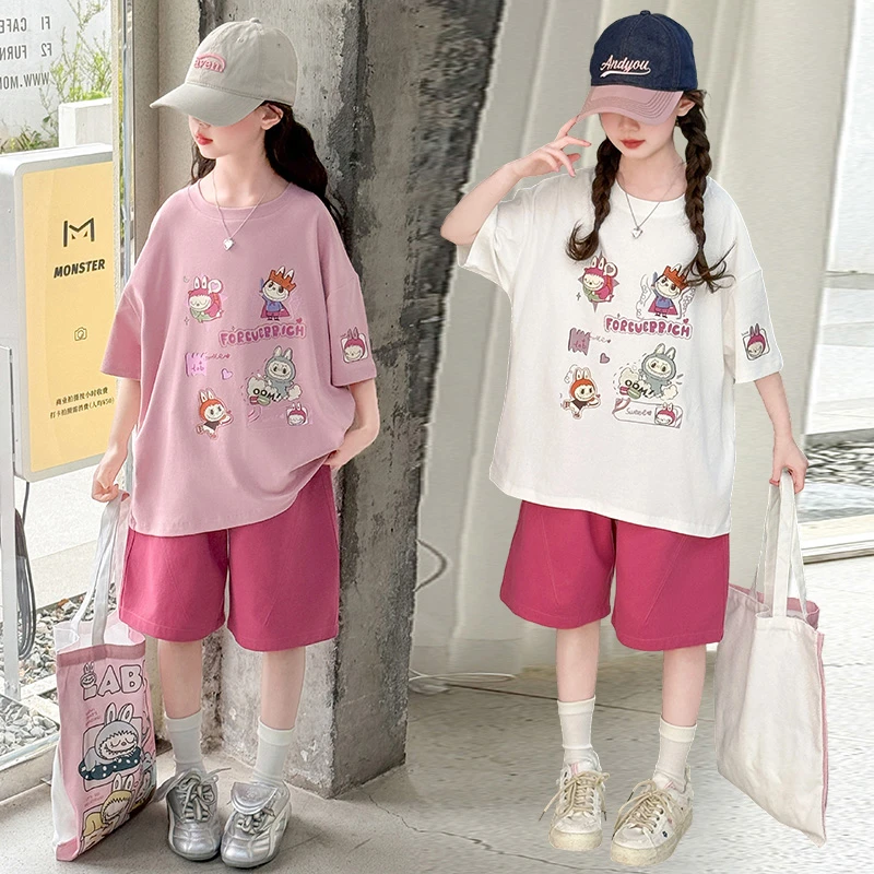 女童夏装时尚短袖T恤套装新款中大童洋气百搭棉布中裤t恤两件套