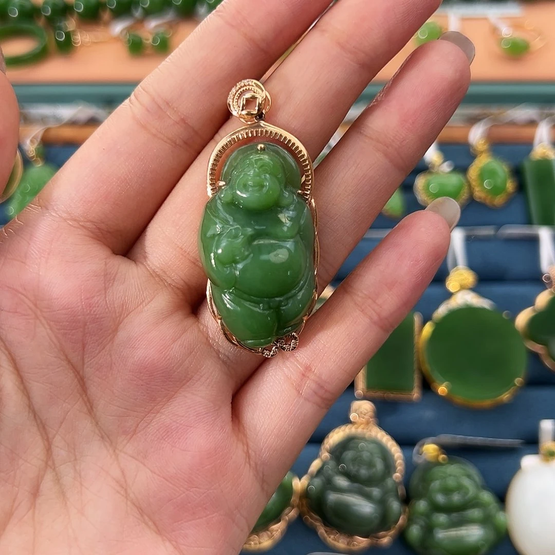 和田玉（碧玉）18K金镶嵌吊坠(不含链)逍遥佛34mm