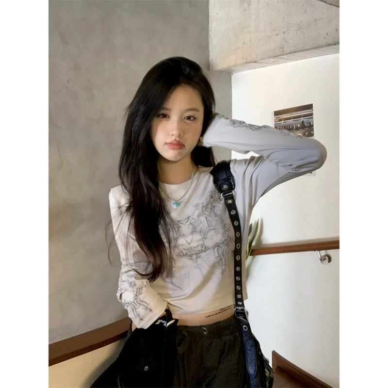 复古chic印花短款T恤女2022早秋新款修身显瘦长袖设计感小众上衣