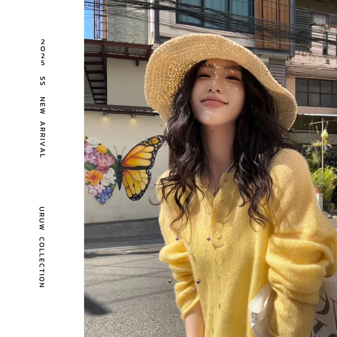 现货【西洋丁香】亨利领微透薄款针织衫春卷边马海毛长袖罩衫 9063