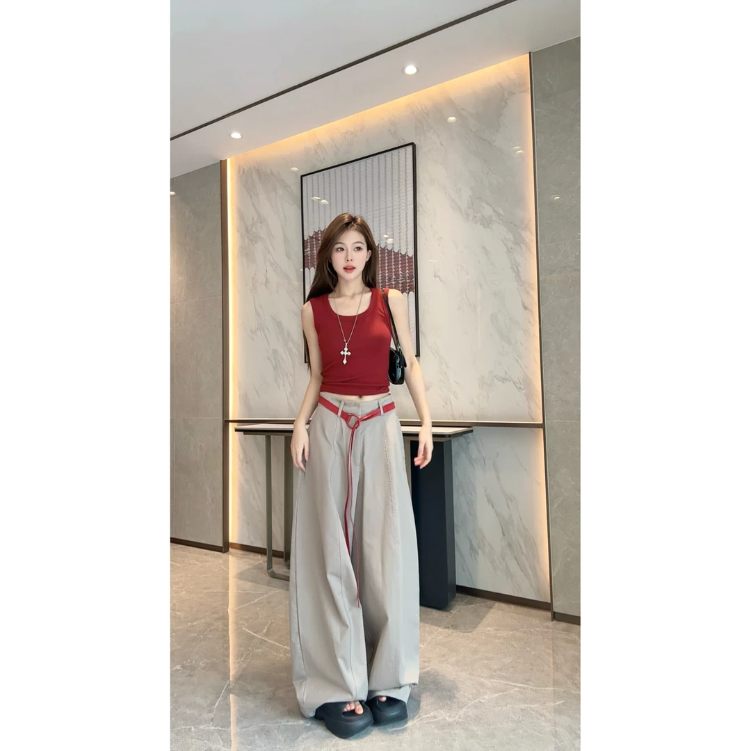 （运补5）韩系ins慵懒感气球裤夏季简约压褶遮肚阔腿长裤女