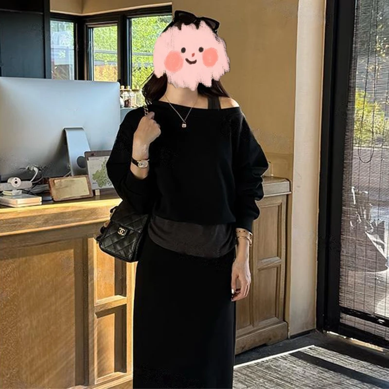 欧货假两件露肩卫衣+半裙两件套女2025秋季新款慵懒风休闲套装女