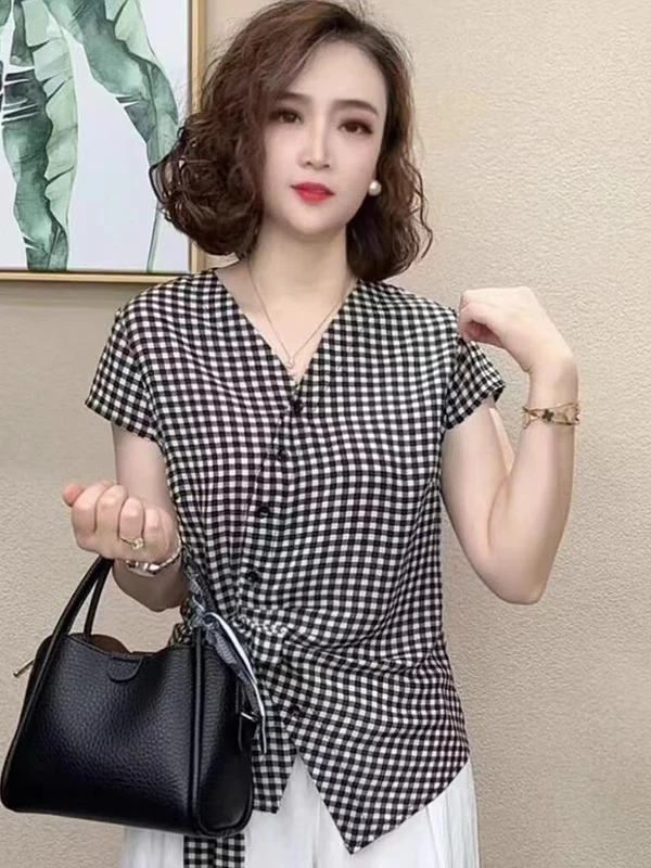 时尚短袖衬衫女2025夏季新款洋气质收腰显瘦V领印花系带衬衣上衣