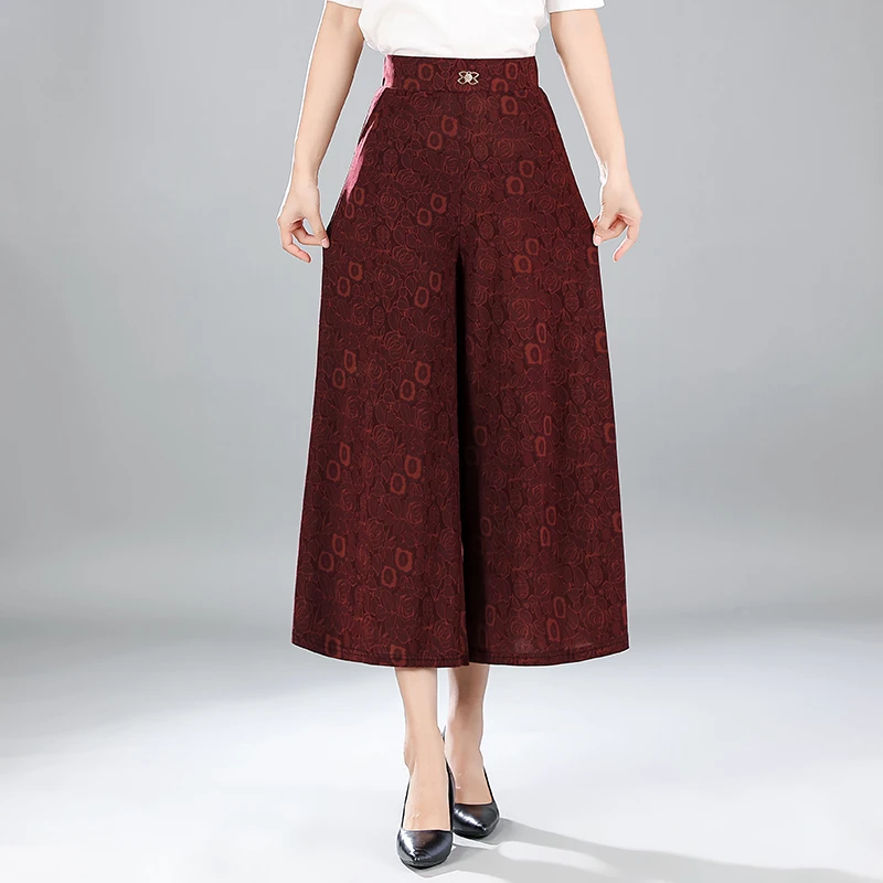 中老年休闲裤女夏季薄款裙裤松紧腰九分裤提花高腰速干裤大码女裤