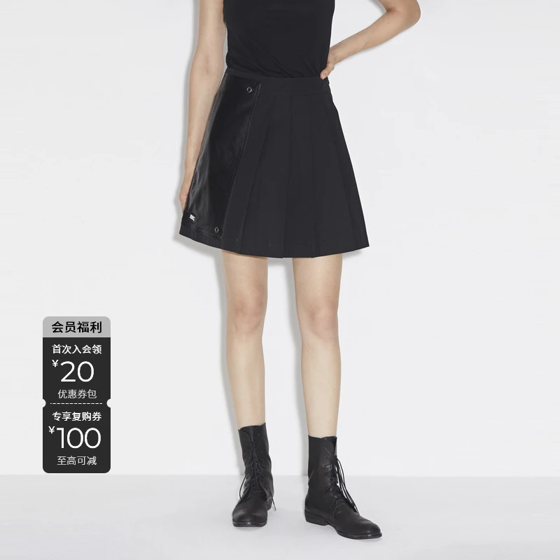 S·DEER圣迪奥皮质拼接A字百褶高腰百搭黑色短裙半身裙S21381302