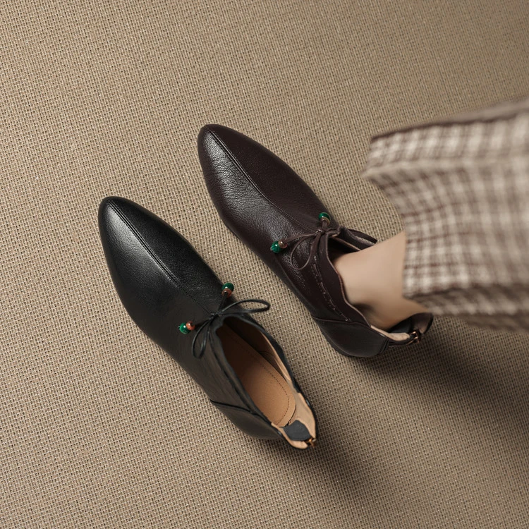 3cm 通勤休闲舒适百搭粗跟短靴秋冬法式软底简约时尚尖头棕色短靴