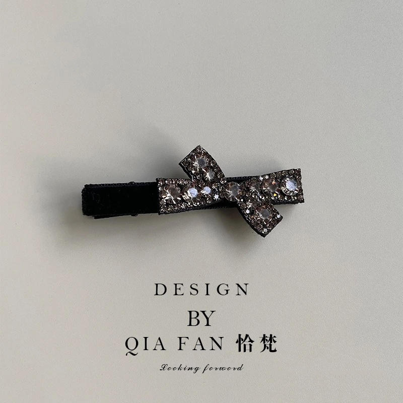 简约蝴蝶结水钻侧边夹黑色丝绒鸭嘴夹前额碎发刘海夹时尚发卡发饰