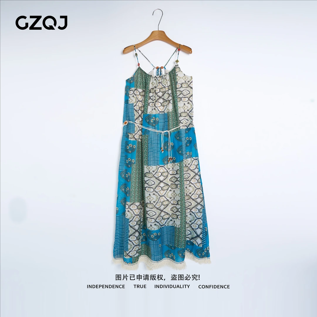 老琴私服【彩屿漫歌】 欧若风时尚艺术感小吊带连衣裙子女夏 61273