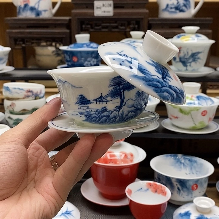 手绘枫桥山水悬停盖碗150cc釉下彩微瑕福利款