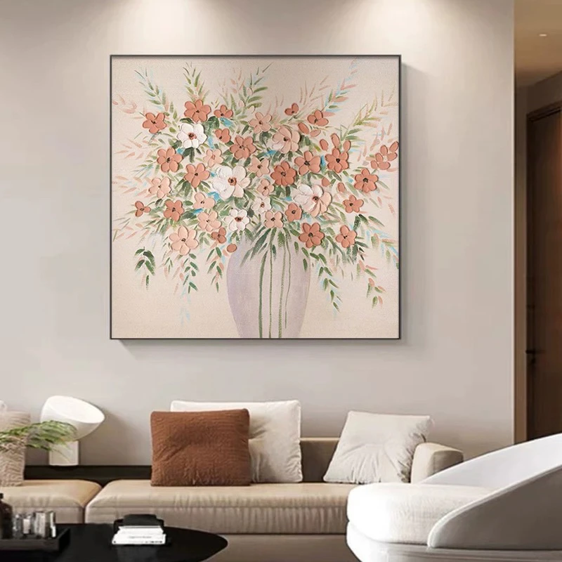 【暖春花簇】手绘立体花卉方形餐厅装饰画大气简约客厅肌理油画8080