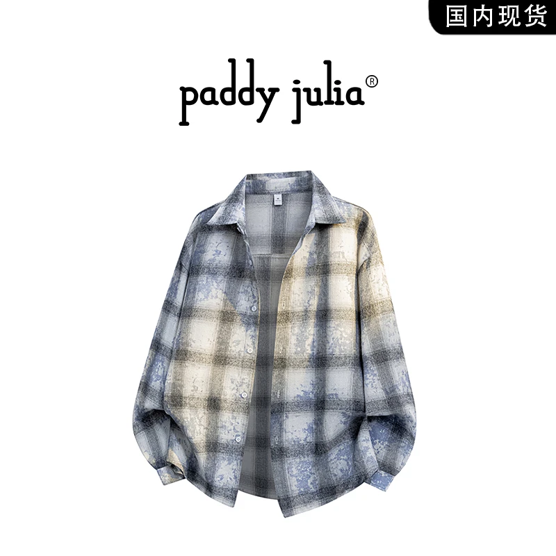 Paddy julia美式高级感格纹衬衫男春秋季长袖休闲外穿衬衣服外套