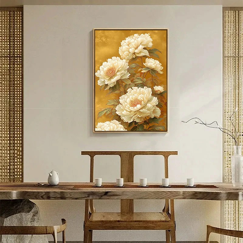 50x70 浮雕烫金富贵牡丹宣绒布材质卷轴进门入户玄关装饰画现代中