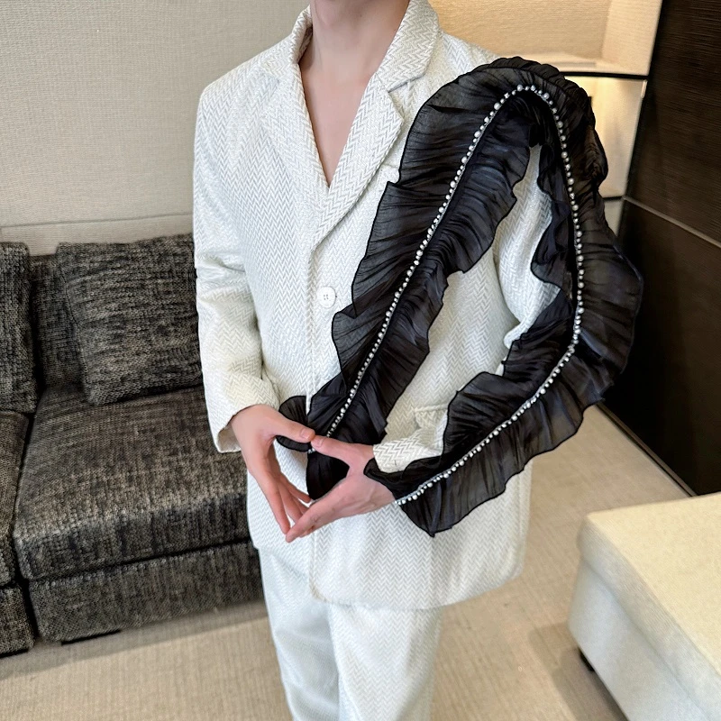 走秀款男模高级小众蕾丝花西服套装男舞台宴会西装休闲长裤两件套