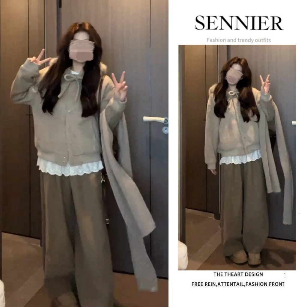 秋季温柔系穿搭女2025新款韩版时尚宽松外套蕾丝上衣休闲裤两件套