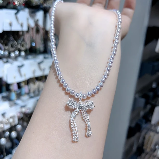 非金属仿珍珠项链 S643高亮蕾丝蝴蝶结项链