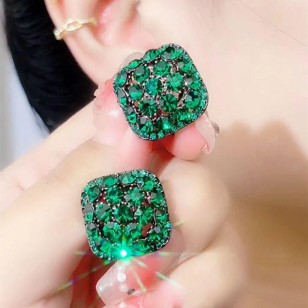 铜合金耳饰 气质绿色满钻耳环女港风优雅耳钉耳扣七夕高级感耳饰