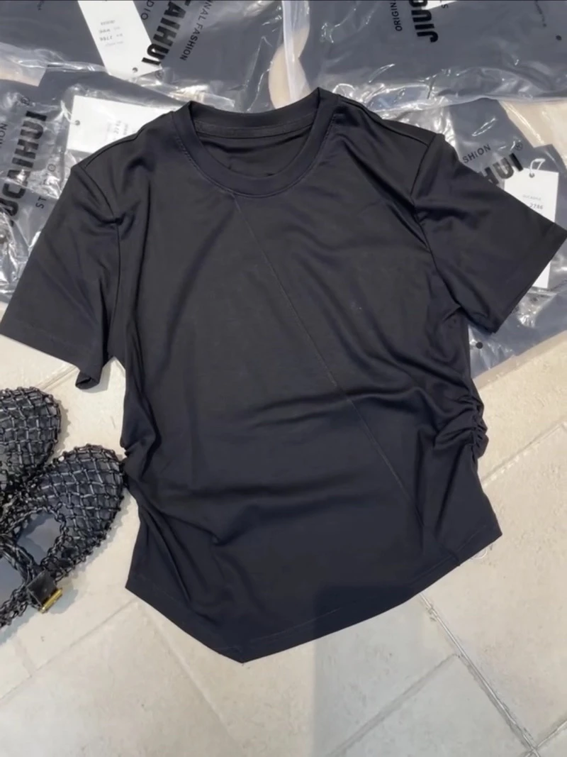 【云云精选】2786 设计感侧边褶皱夏季新款圆领短袖