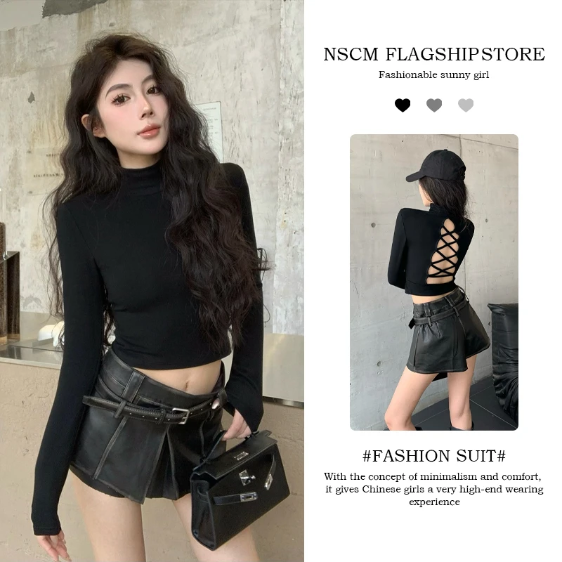NSCM早秋新款小众炸街高级感女装辣妹风露背绑带长袖上衣气质短裤