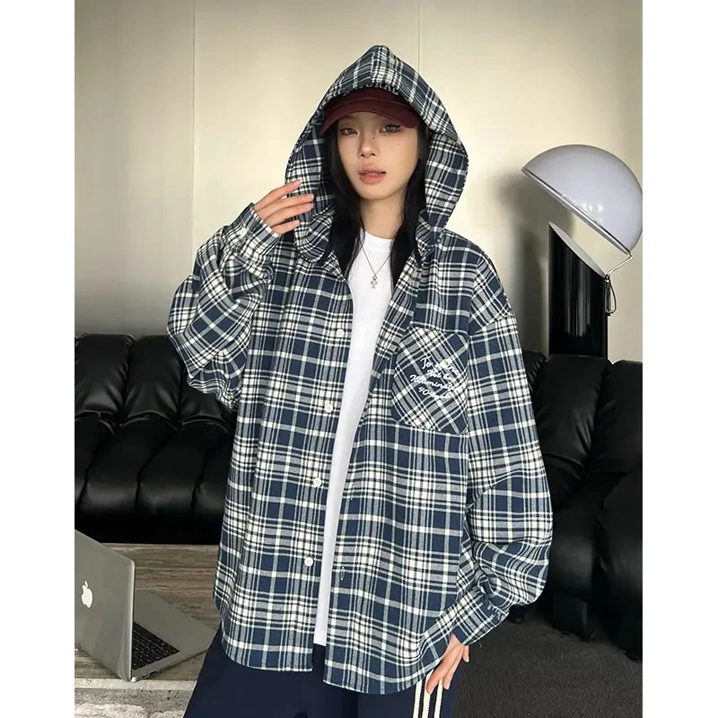 【林子烨同款】404加厚格纹刺绣连帽长袖衬衫男女秋季格子衬衫外套