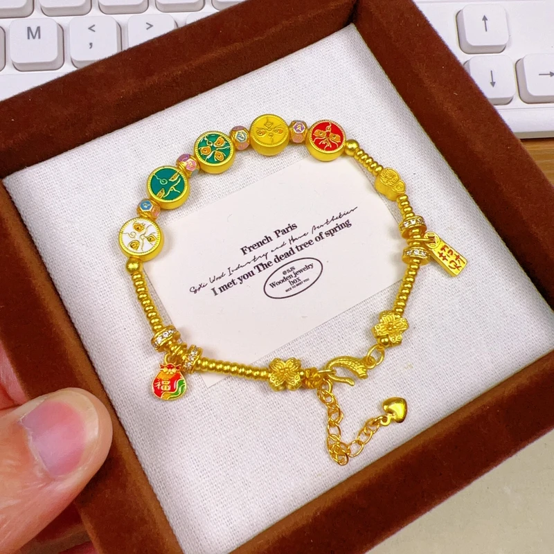 铜合金珐琅手链 新中式国潮风古法鎏金珐琅彩五路财神DIY手链