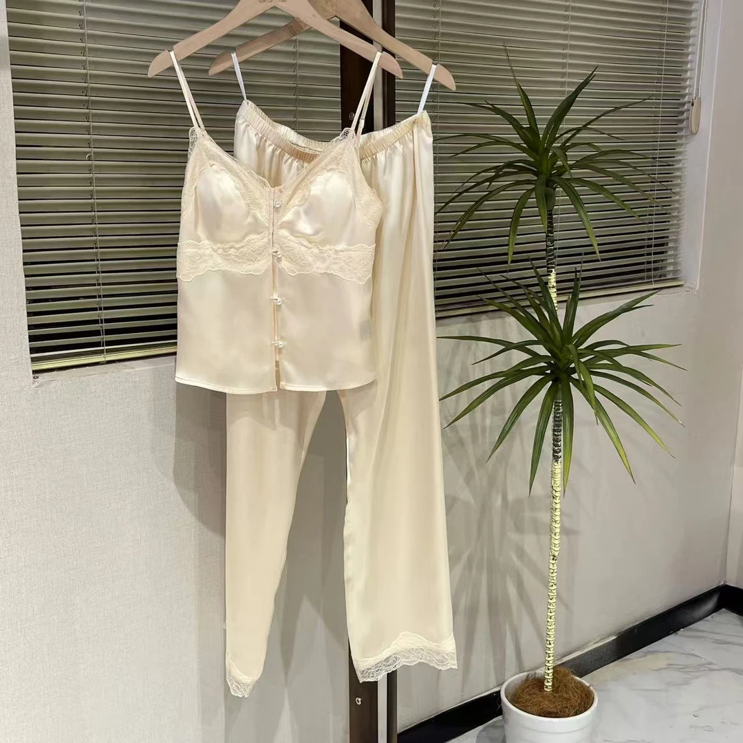 【睡衣工厂直销】100%桑蚕丝重磅蕾丝吊带长裤套装大码T2372