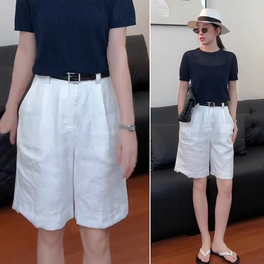 亚麻短裤女夏季薄款中裤2025新款宽松显瘦直筒阔腿裤休闲五分裤子