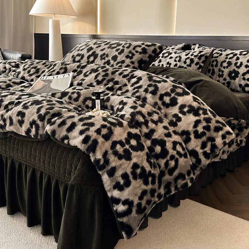 轻奢豹纹兔毛绒床裙款四件套加厚保暖牛奶绒冬季床盖珊瑚绒法兰绒