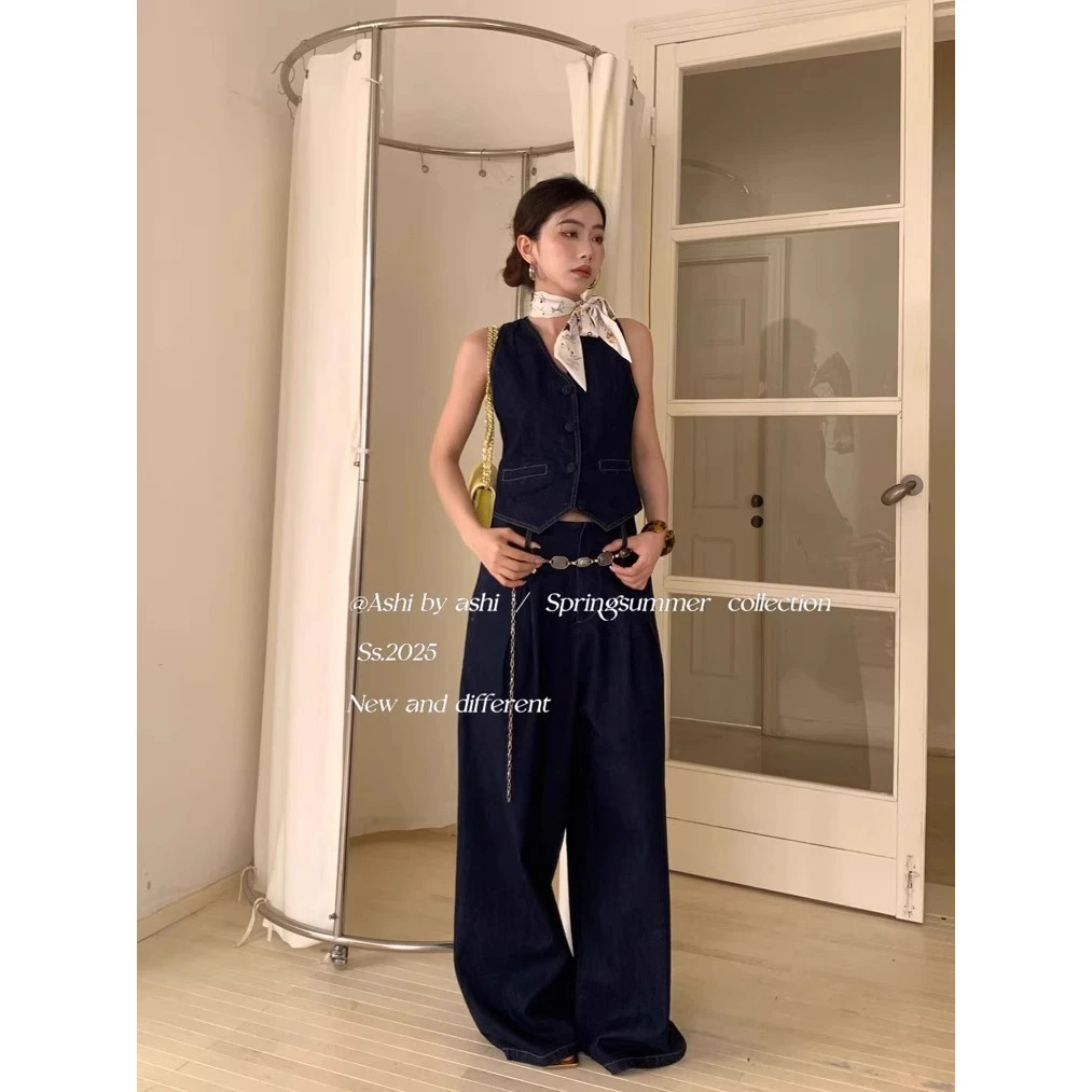 2025新款气质牛仔无袖马甲女宽松显瘦休闲阔腿牛仔裤套装夏夏季