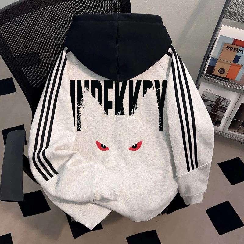 Dekkry潮流时尚字母猫咪印花秋冬连帽开衫卫衣男女三条杠拼色外套