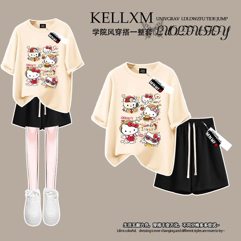 女童100%纯棉短袖T恤短裤套装可爱凯蒂猫印花夏季中大童百搭上衣