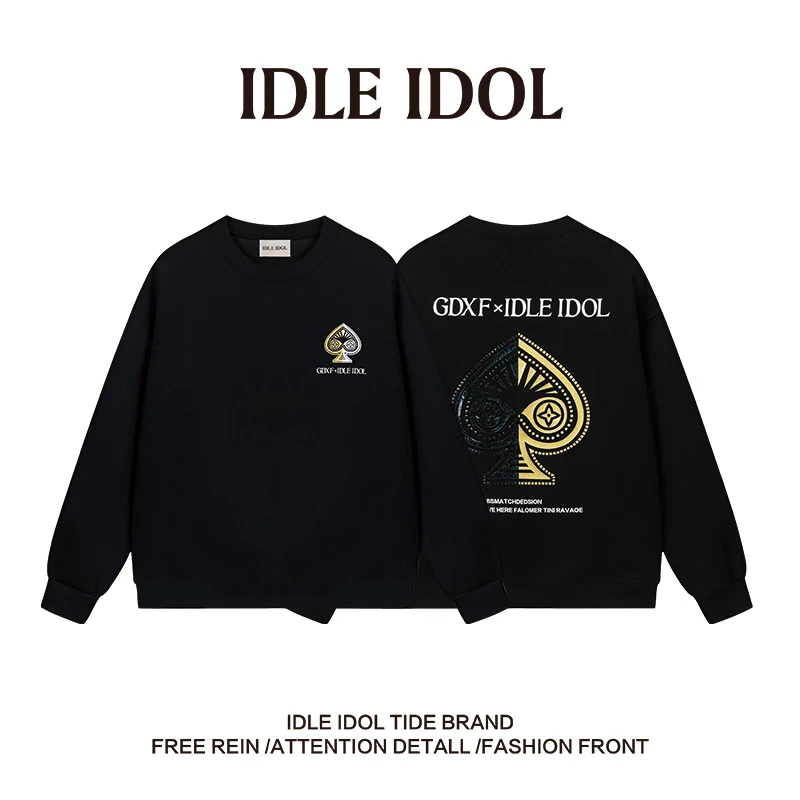 IDLE IDOL美式复古风长袖时尚百搭黑桃宽松情侣款秋冬卫衣
