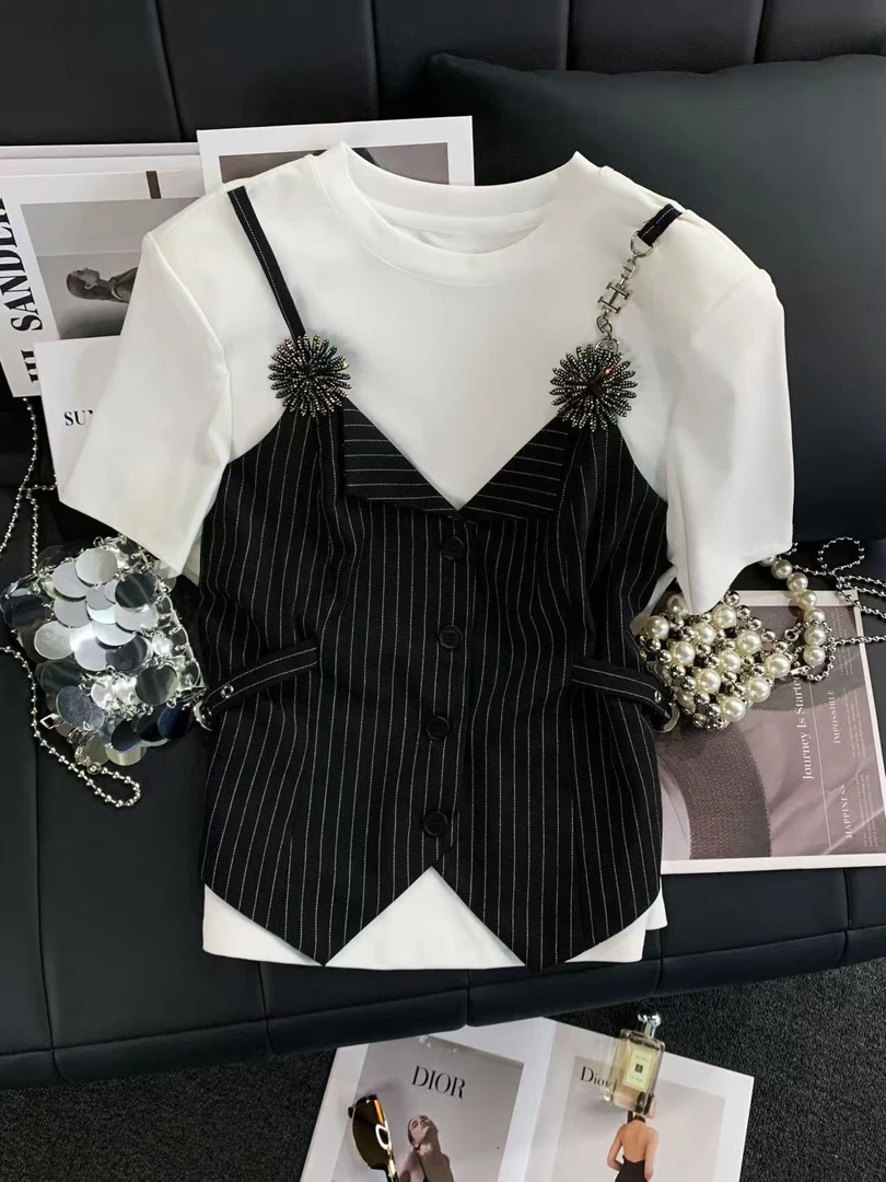 ZHOUYI/周一 2025夏季百搭上衣女条纹复古假两件T恤时尚短袖