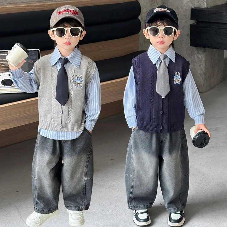 男童拉布布秋装三件套25春秋款儿童针织马甲韩版酷帅男孩衬衫套装