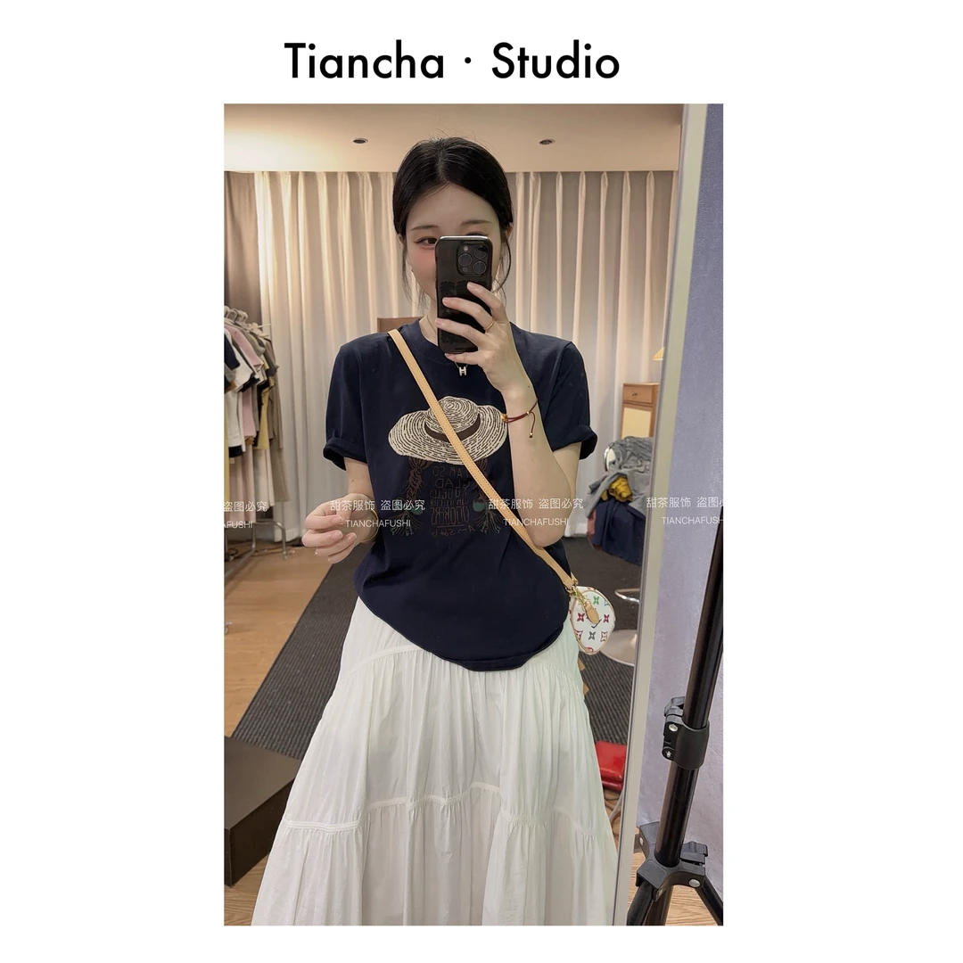 sweet c【草帽女孩】M705夏季韩系小个子正肩t恤100棉舒适气质百搭