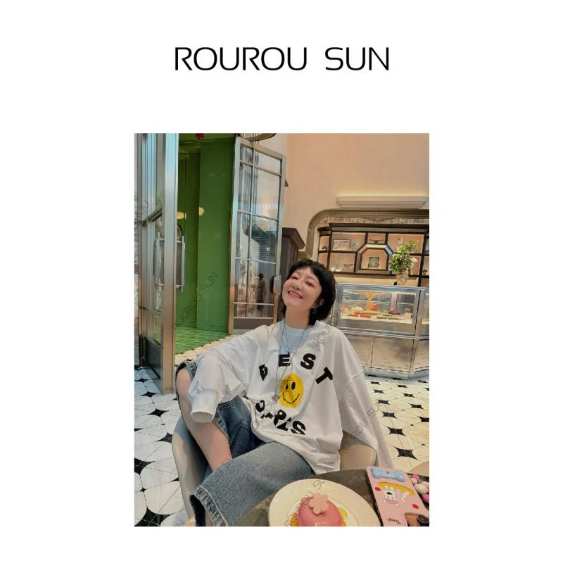 23786韩版字母笑脸印花宽松长袖T恤女时髦百搭圆领上衣