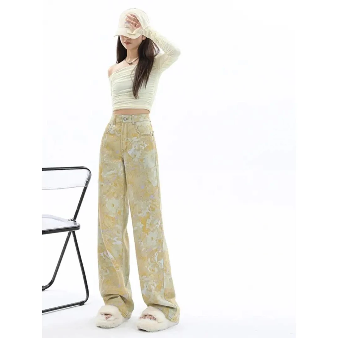 黄色提花微喇牛仔裤男女美式设计感弯刀裤子cleanfit窄版直筒裤