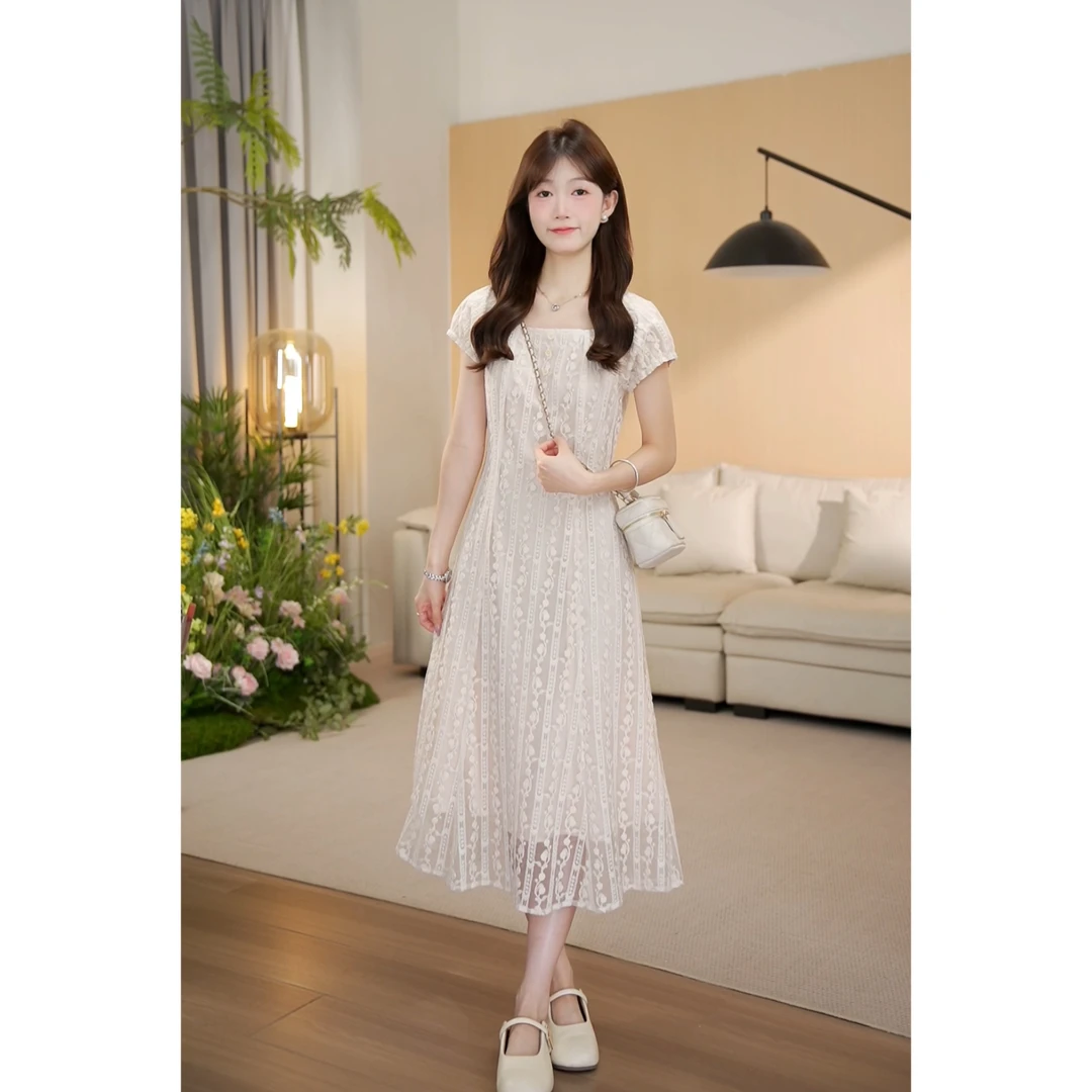 （现货）夏季显瘦时尚法式中长款甜美宽松拼接连衣裙-2300