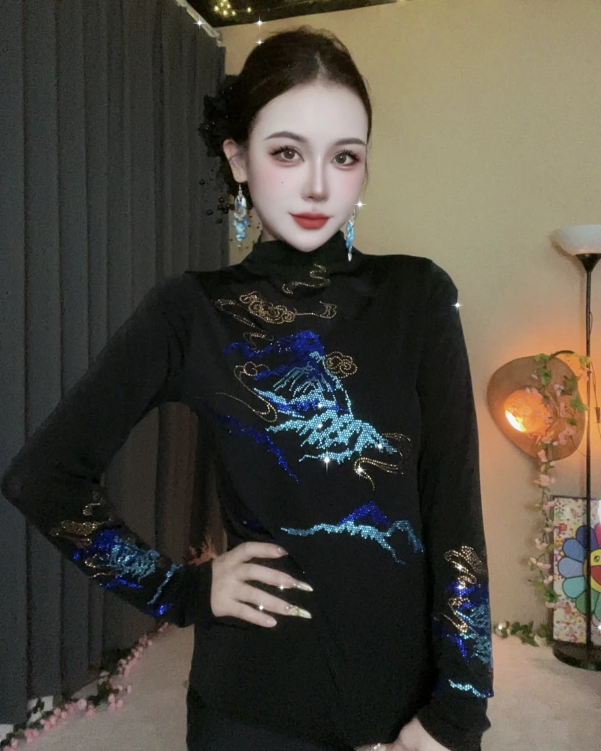 长袖女打底衫2025秋季新款时尚烫钻上衣修身显瘦长袖T恤潮